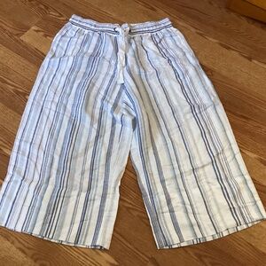 Denim 24/7 Blue & White Striped Linen Blend Drawstring Cropped Pants 18W